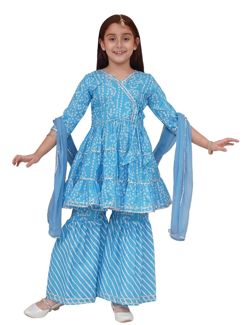 Preneum Girl's Cotton Rayon Bandhani & Lahariya Printed Angrakha Kurta with Sharara & Dupatta, Blue, 9 Years-10 Years - Image 1