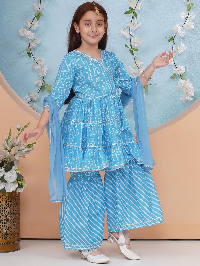 Preneum Girl's Cotton Rayon Bandhani & Lahariya Printed Angrakha Kurta with Sharara & Dupatta, Blue, 9 Years-10 Years - Image 3
