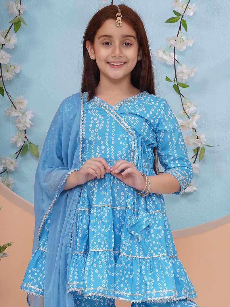 Preneum Girl's Cotton Rayon Bandhani & Lahariya Printed Angrakha Kurta with Sharara & Dupatta, Blue, 9 Years-10 Years - Image 2