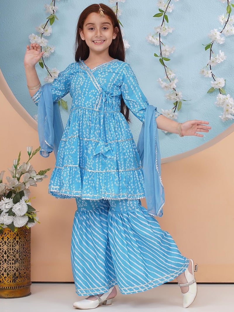 Preneum Girl's Cotton Rayon Bandhani & Lahariya Printed Angrakha Kurta with Sharara & Dupatta, Blue, 9 Years-10 Years - Image 4