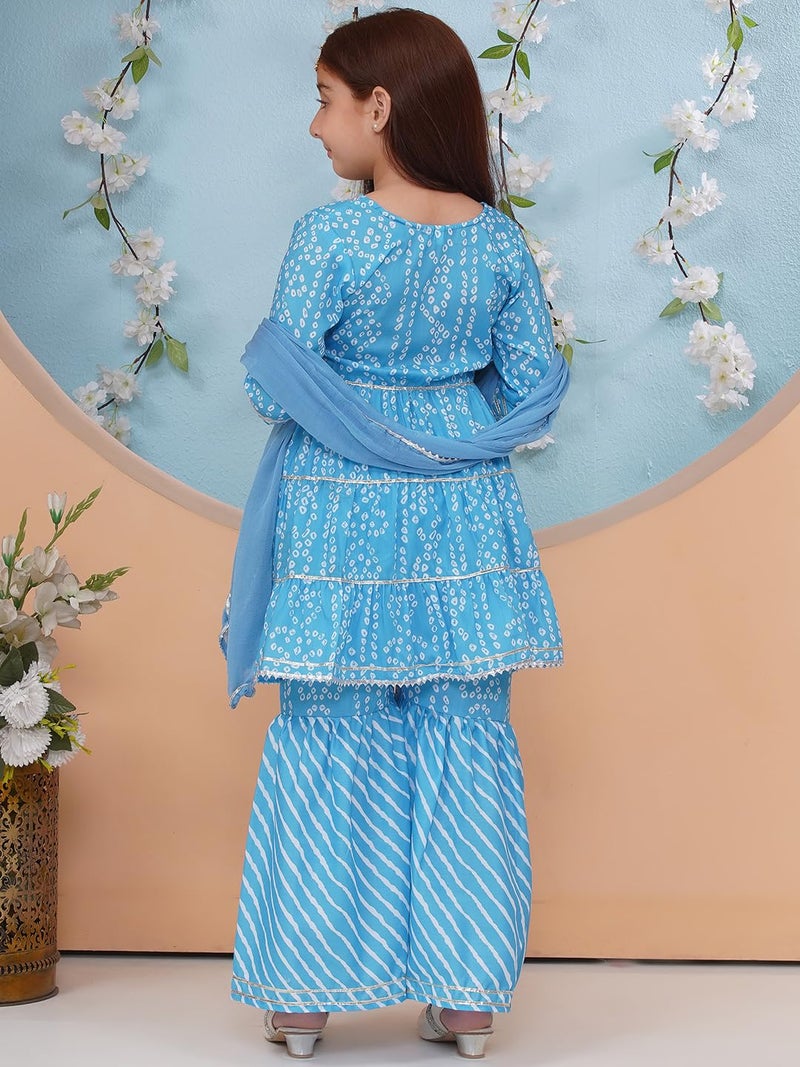 Preneum Girl's Cotton Rayon Bandhani & Lahariya Printed Angrakha Kurta with Sharara & Dupatta, Blue, 9 Years-10 Years - Image 5