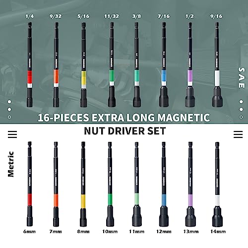SENNMONN Magnetic Nut Driver Set, 16 PCS Long Nut Driver Set, 6 Inches, SAE & Metric,Colorful Rainbow,1/4 Inch Hex Shank, Cr-V Steel - Image 2