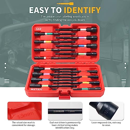 SENNMONN Magnetic Nut Driver Set, 16 PCS Long Nut Driver Set, 6 Inches, SAE & Metric,Colorful Rainbow,1/4 Inch Hex Shank, Cr-V Steel - Image 4