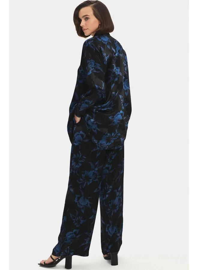 JUNE June Women Viscose Blend Self-Patterned Shirt Trouser Set Black
