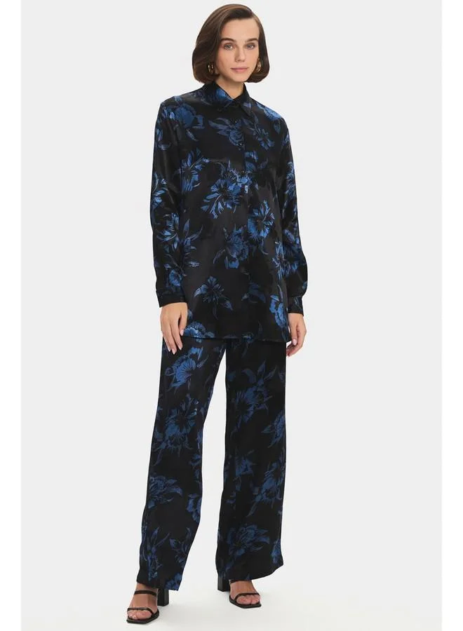 JUNE June Women Viscose Blend Self-Patterned Shirt Trouser Set Black