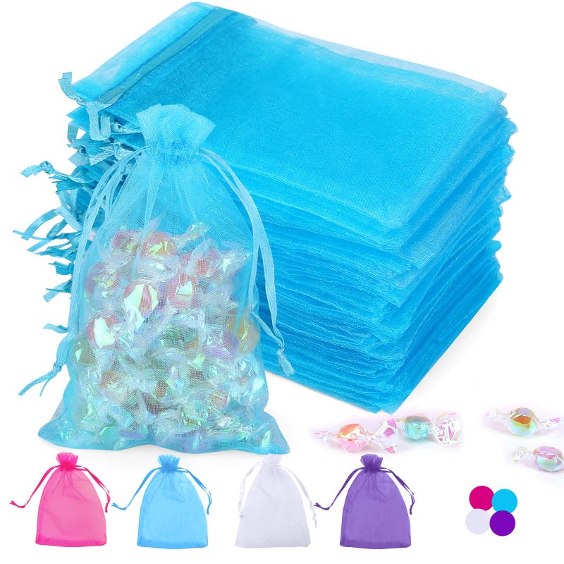 Angooni 100PCS Blue Sheer Organza Bags Gift Drawstring Pouch for Jewelry Party Wedding Favor Party Festival Candy Bags 4x6