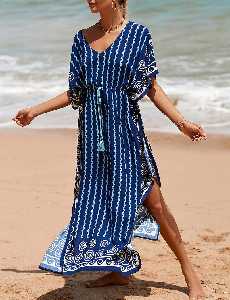 Bsubseach Kaftan Dresses for Women Plus Size Swimsuit Cover Up Long Caftan Dress with Waist Drawstring Wavy Stripes - Image 4
