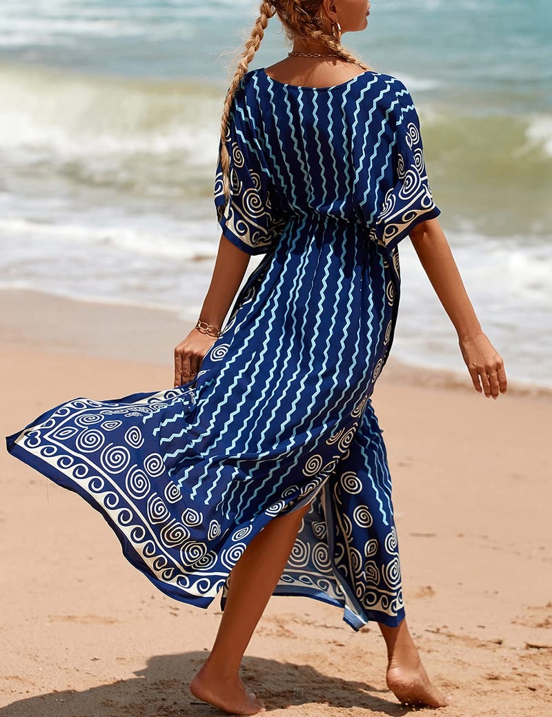 Bsubseach Kaftan Dresses for Women Plus Size Swimsuit Cover Up Long Caftan Dress with Waist Drawstring Wavy Stripes - Image 5