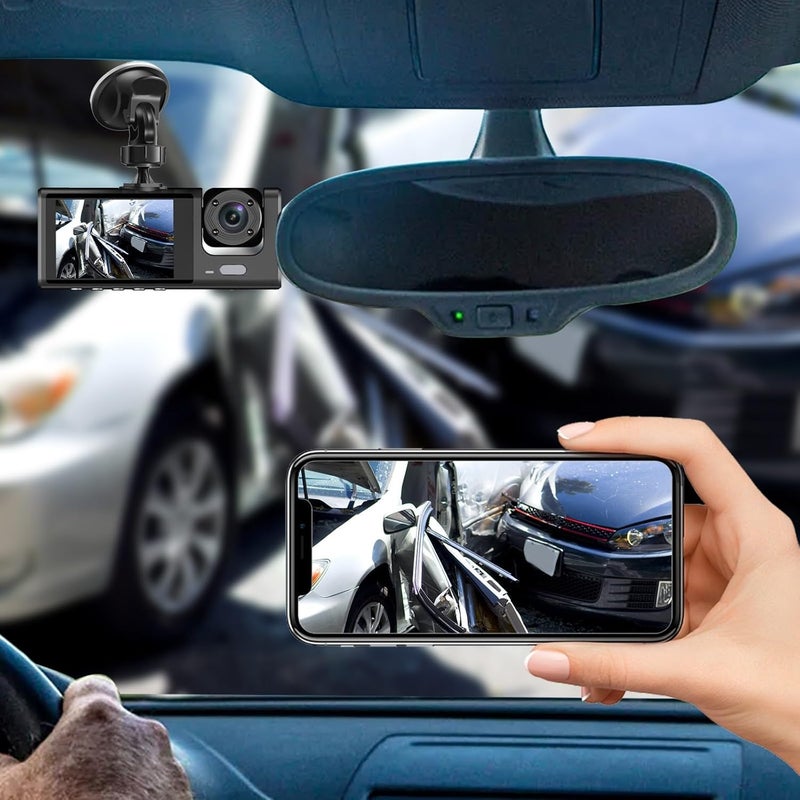klarako 2-inch Screen Driving Recorder, Wireless Dash Cam, 3-Way High-Definition 1080P, Three Lens Parking Monitoring with Night Vision Onboard DVR - Image 1