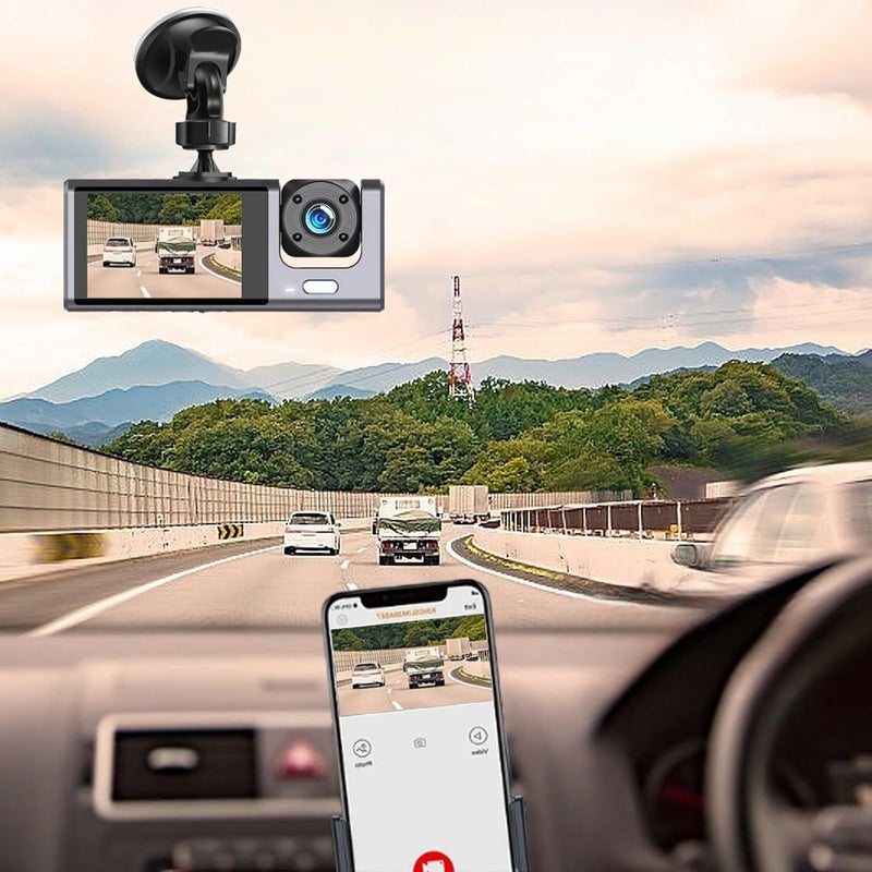 klarako 2-inch Screen Driving Recorder, Wireless Dash Cam, 3-Way High-Definition 1080P, Three Lens Parking Monitoring with Night Vision Onboard DVR - Image 2