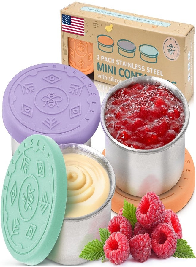 Everusely Condiment Cups - 3 Pack, 1.7 oz / 50 ml, Bright, Stainless Steel - Condiment Containers with Lids - Reusable Salad Dressing Container To Go - Sauce & Dip Cup for Lunchbox, Meal Prep - Image 1