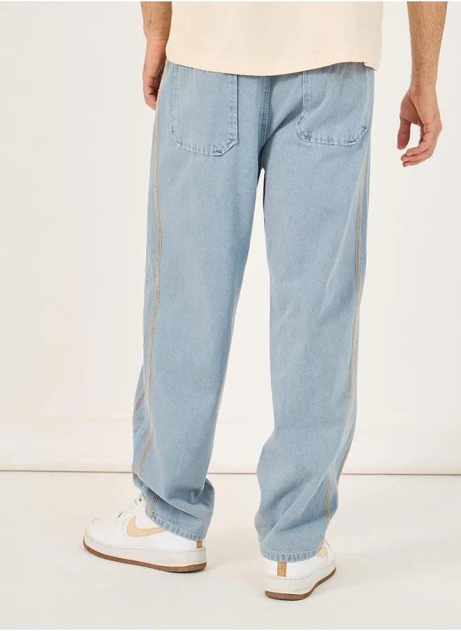 ستايلي Mid Rise Loose Fit Jeans with Contrast Side Stitch and Drawcord Detail