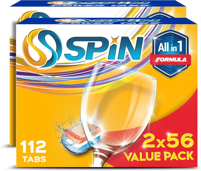 SPIN Dishwasher Detergent Tablets, ALL IN ONE, 112 TABS, Made in GERMANY