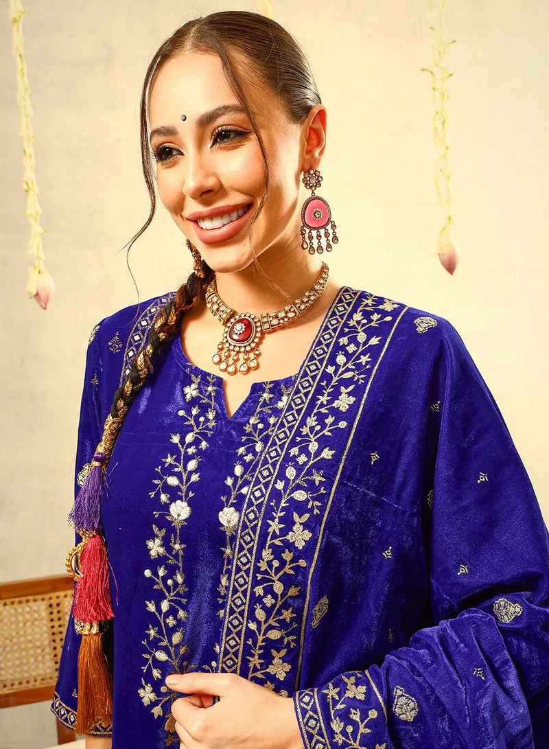آي شين Royal Blue Gold Print Festive Kurta with Trouser & Velvet Dupatta
