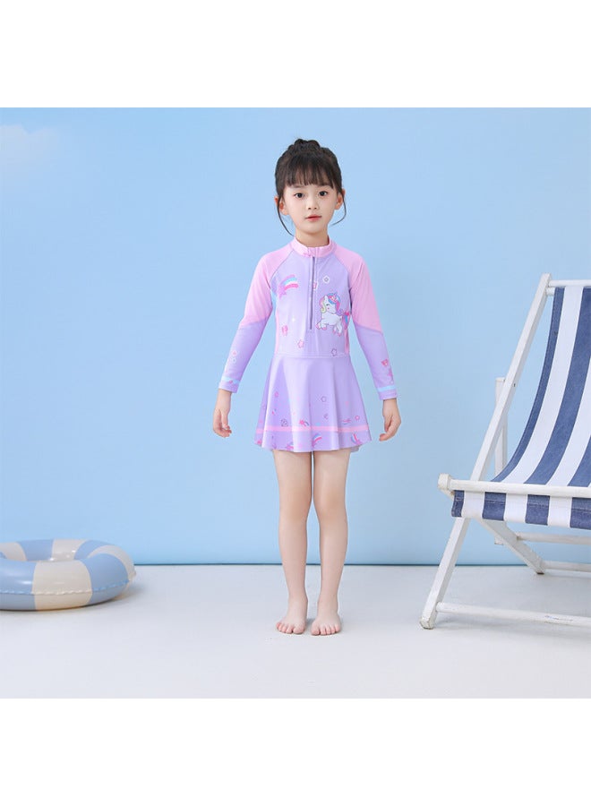 Loquat Children's Swimwear Women's One-Piece Skirt Long-Sleeved Swimwear Flat-Corner Sports Diving Swimming Suit For Big Kids Girls-Color:City Of CM2416-6MZ Unicorns- - Image 3