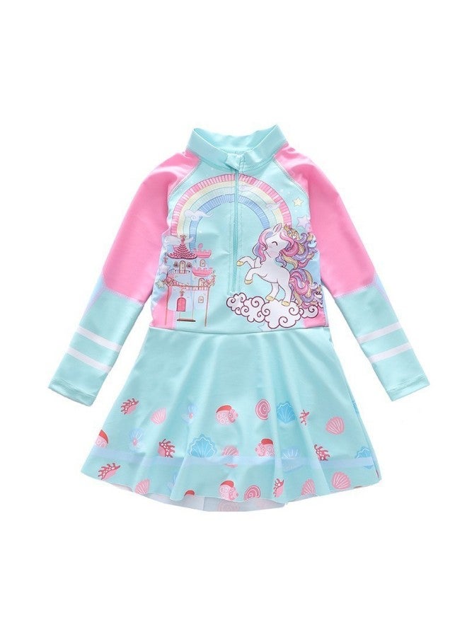 Loquat Children's Swimwear Women's One-Piece Skirt Long-Sleeved Swimwear Flat-Corner Sports Diving Swimming Suit For Big Kids Girls-Color:City Of CM2416-6MZ Unicorns- - Image 1
