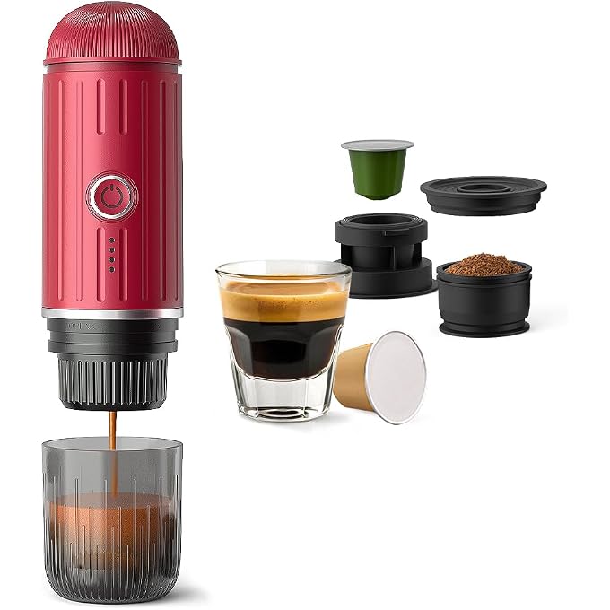 BENFUCHEN Portable Electric Espresso Machine 2-in-1, Self-Heating Travel Coffee Maker Compatible with Nespresso Pods & Ground Coffee, Mini Espresso for Camping, RV, Hiking, Office, and Car, Red - Image 1