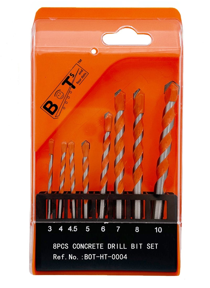 BOTs and four dots Steel Drill Bits Set (8 in Pack) 3mm to 10mm, for Concrete or Brick Wall, Masonry Drill bit Set, Ref No.: BOT-HT-0004. Tool Flute Type Spiral. Surface Recommendation Brick, Concrete, Masonry. Masonry and Concrete drill bit.  - Image 1