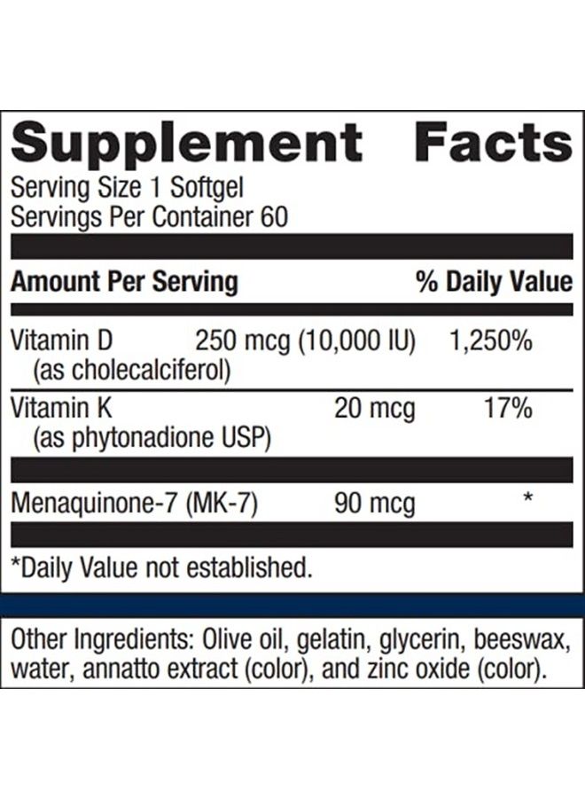 Metagenics Vitamin D3 10,000 IU with Vitamin K2 - Vitamin D Supplement for Healthy Bone Formation, Cardiovascular Health, and Immune Support - 60 Count 
