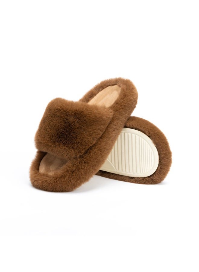 Chantomoo Women's Slippers Memory Foam House Bedroom Slippers for Women Fuzzy Plush Comfy Faux Fur Lined Slide Shoes Anti-Skid Sole Trendy Gift Dark Brown 38/39 EU - Image 1