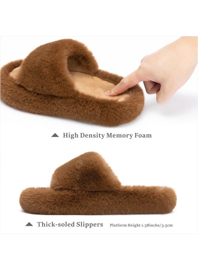Chantomoo Women's Slippers Memory Foam House Bedroom Slippers for Women Fuzzy Plush Comfy Faux Fur Lined Slide Shoes Anti-Skid Sole Trendy Gift Dark Brown 38/39 EU - Image 2