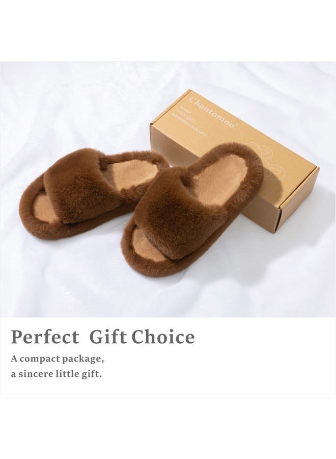 Chantomoo Women's Slippers Memory Foam House Bedroom Slippers for Women Fuzzy Plush Comfy Faux Fur Lined Slide Shoes Anti-Skid Sole Trendy Gift Dark Brown 38/39 EU - Image 5
