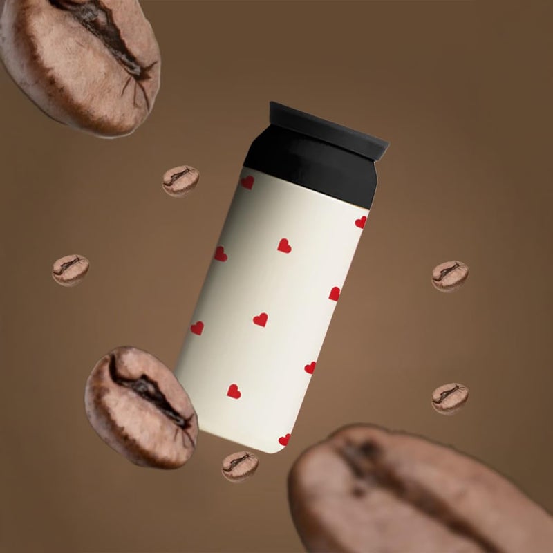 THE MESSY CORNER Coffee Tumbler Ivory Stainless Steel 350 ml for Gym Office Vacation Leak Proof Easy to Open Grip Insulated Inner Steel Hot Cold Retention Hearts Print - Image 1