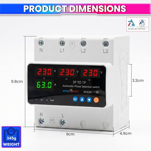 amiciSmart Intelligent 3 Phase to 1 Phase Selector/Changeover Switch, 230VAC Control Transfer Switch, Multicolor - Image 2