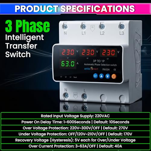 amiciSmart Intelligent 3 Phase to 1 Phase Selector/Changeover Switch, 230VAC Control Transfer Switch, Multicolor - Image 3