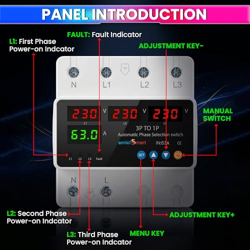 amiciSmart Intelligent 3 Phase to 1 Phase Selector/Changeover Switch, 230VAC Control Transfer Switch, Multicolor - Image 4