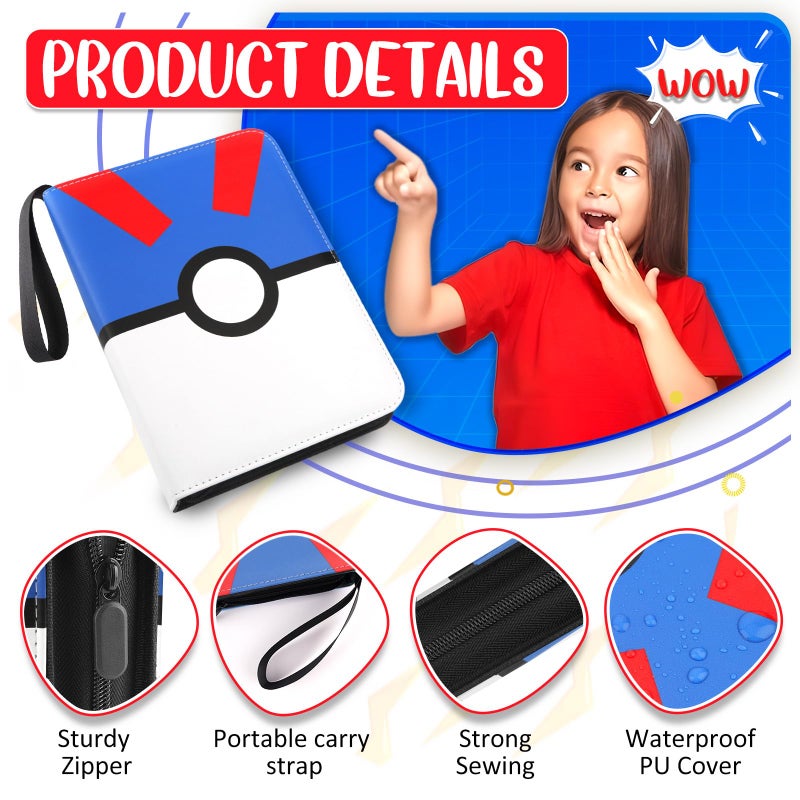 Easyfun Card Binder 4 Pocket, Trading Card Holder Fits 400 Cards With 50 Removable Sleeves, Portable Collection Card Ablum, Game Card Case book With Zipper for Gift - Blue - Image 3