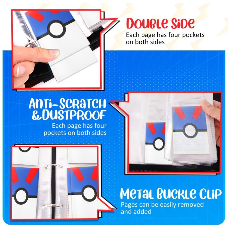 Easyfun Card Binder 4 Pocket, Trading Card Holder Fits 400 Cards With 50 Removable Sleeves, Portable Collection Card Ablum, Game Card Case book With Zipper for Gift - Blue - Image 5
