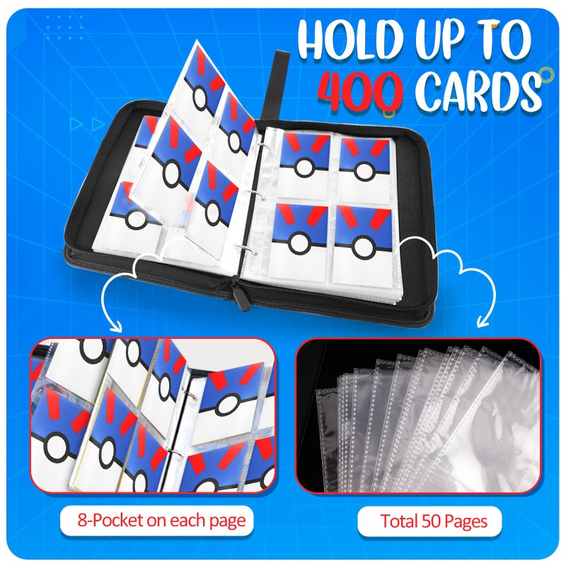 Easyfun Card Binder 4 Pocket, Trading Card Holder Fits 400 Cards With 50 Removable Sleeves, Portable Collection Card Ablum, Game Card Case book With Zipper for Gift - Blue - Image 4