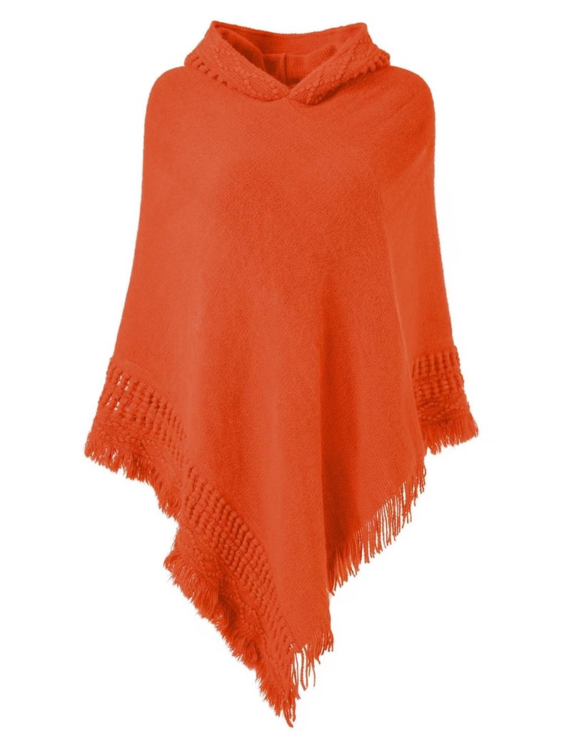 Ferand Ladies' Hooded Cape with Fringed Hem, Crochet Poncho Knitting Patterns for Women, Orange - Image 1