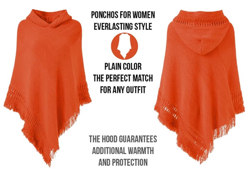 Ferand Ladies' Hooded Cape with Fringed Hem, Crochet Poncho Knitting Patterns for Women, Orange - Image 3