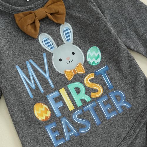 Frietlebird Infant Baby Boy Easter Outfit Bunny Letter Long Sleeve Romper Suspender Pants Set My First Easter Baby Boy Outfit (B-Grey,3-6 Months) - Image 4