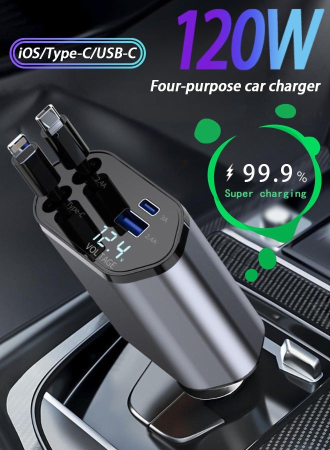 120W Car Charger, 4-In-1 USB Pd Car Charger Type C Fast Charging, Retractable Cable (31.5 Inch) And 2 Usb Ports Car Charger Adapter Type-C & Lightning Cables Compatible With Iphone 16/15/14/13/12 Pro Max Xr, Ipad, Pixel - Image 1