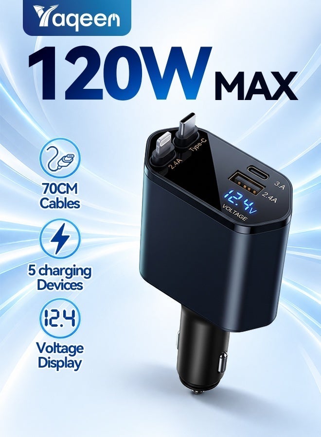 شاحن سيارة 120 وات، شاحن سيارة USB PD 4 في 1 من النوع C للشحن السريع، كابل قابل للسحب (31.5 بوصة) ومحول شاحن سيارة بمنفذين USB من النوع C وكابلات Lightning متوافق مع أجهزة Iphone 16/15/14/13/12 Pro Max Xr وiPad وPixel - Image 1