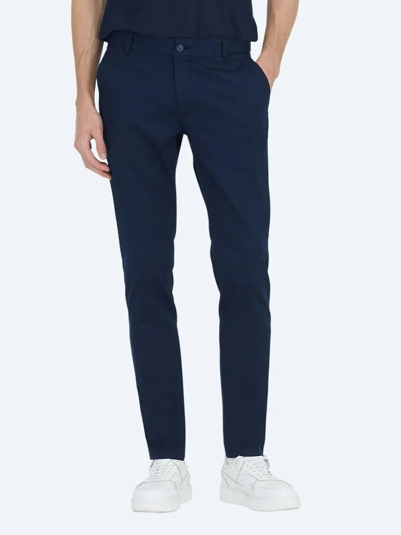 Kip Light Navy Blue Weaving Regular Fit Casual Cotton Blended Trousers