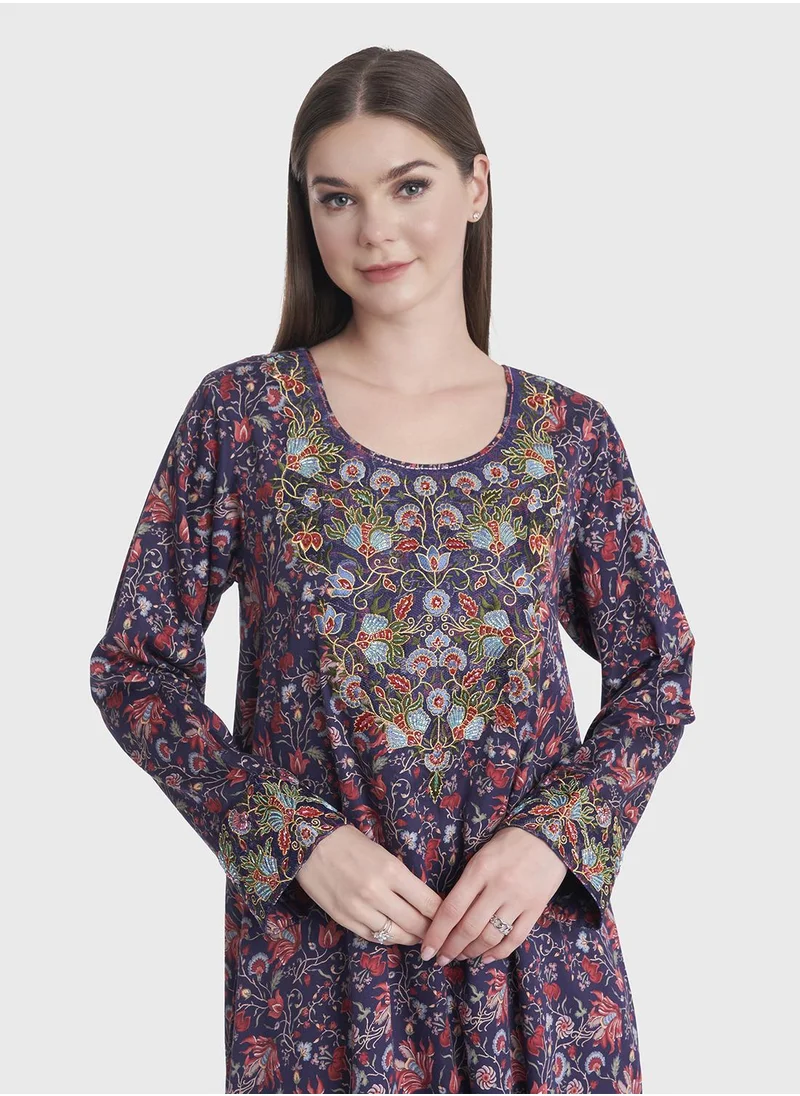 KASHKHA Floral Print Mukhawar Cotton Satin Jalabiya
