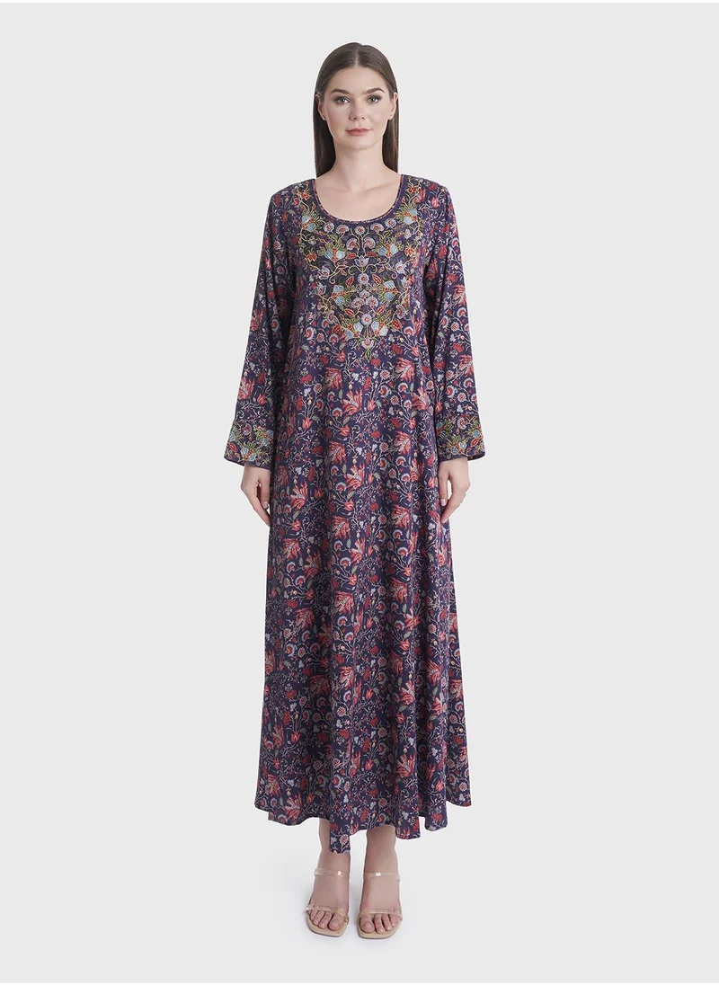 KASHKHA Floral Print Mukhawar Cotton Satin Jalabiya