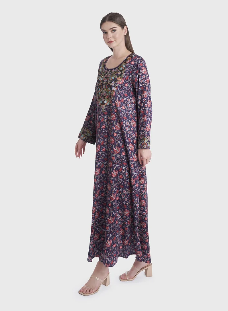 KASHKHA Floral Print Mukhawar Cotton Satin Jalabiya