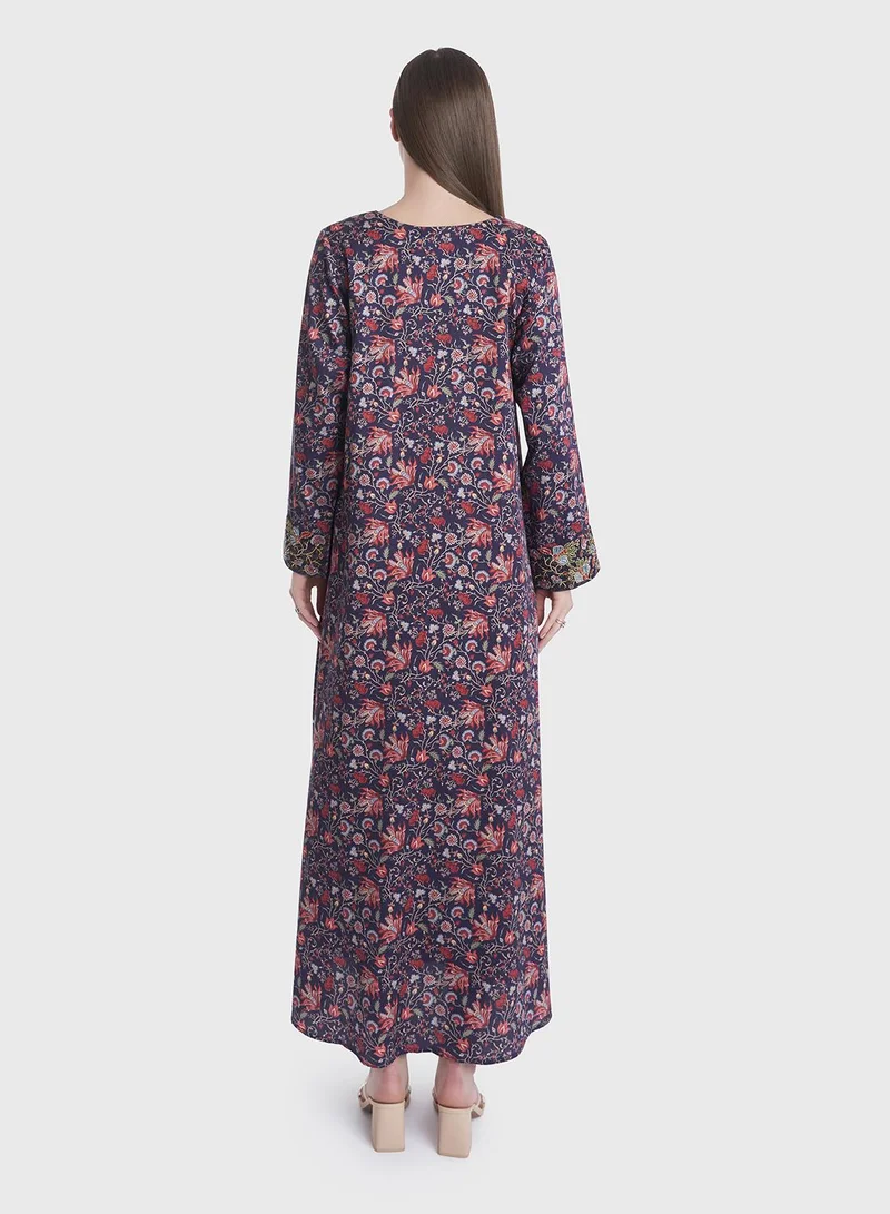 KASHKHA Floral Print Mukhawar Cotton Satin Jalabiya