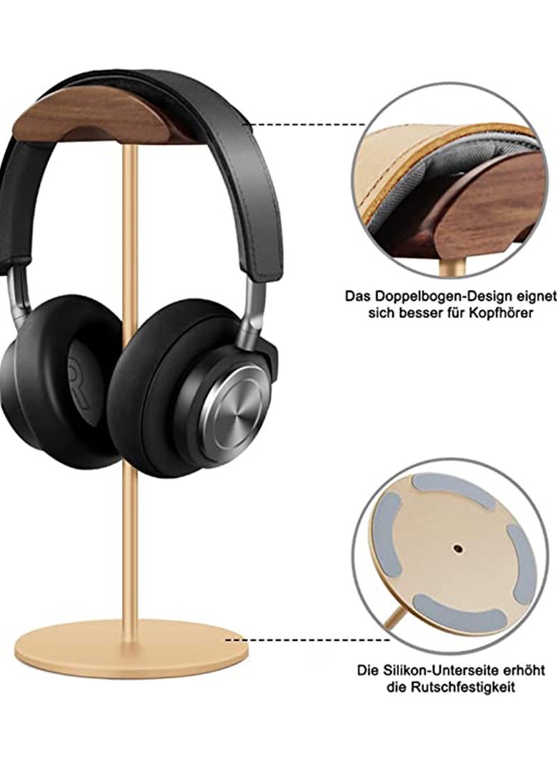 SOLARAE Headphone Stand Walnut Wood Aluminum Headset Nature Gaming Holder with Solid Heavy Base for All Sizes (Gold) - Image 2