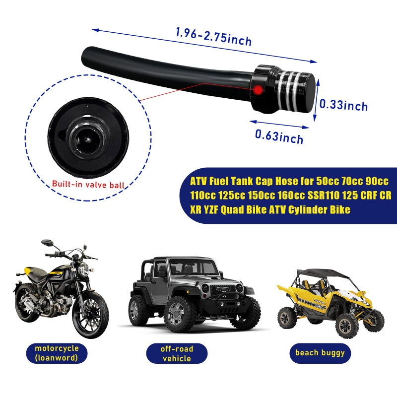 Augeny 2 PCS Breather Hose Gas Fuel Tank Cap, CNC One Way Tank Valve Vent Tube with Aluminum Breather Valve, Universal for ATV Quad CRF YZF RMZ KLX DRZ Pit Dirt Bike Motorcycle (Black) - Image 2