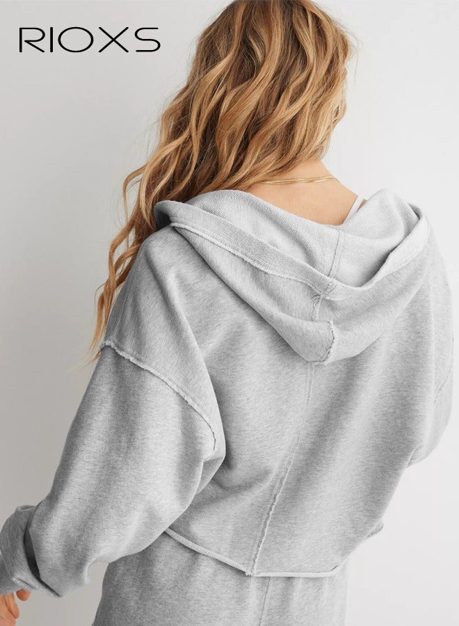 ريوكس هوديس نسائي، هودي كبير الحجم بأكمام طويلة للسيدات، بلوفر كاجوال برقبة على شكل حرف V، ملابس عصرية لربيع وخريف مناسبة للتمرين والسفر والارتداء اليومي، رمادي - Image 2