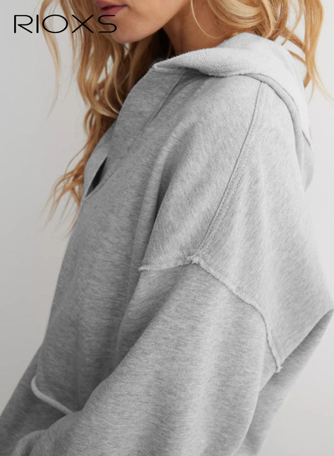 ريوكس هوديس نسائي، هودي كبير الحجم بأكمام طويلة للسيدات، بلوفر كاجوال برقبة على شكل حرف V، ملابس عصرية لربيع وخريف مناسبة للتمرين والسفر والارتداء اليومي، رمادي - Image 3