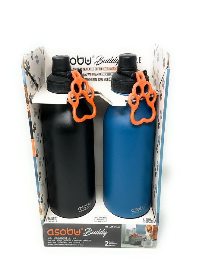 أسوبو زجاجة أسوبو دوغ بادي - زجاجة مياه معزولة من الفولاذ المقاوم للصدأ للبشر مع وعاء قابل للإزالة للكلاب ومكان لتخزين الطعام والمكافآت - 34 أونصة، عبوة من قطعتين (أزرق/أسود) - Image 1