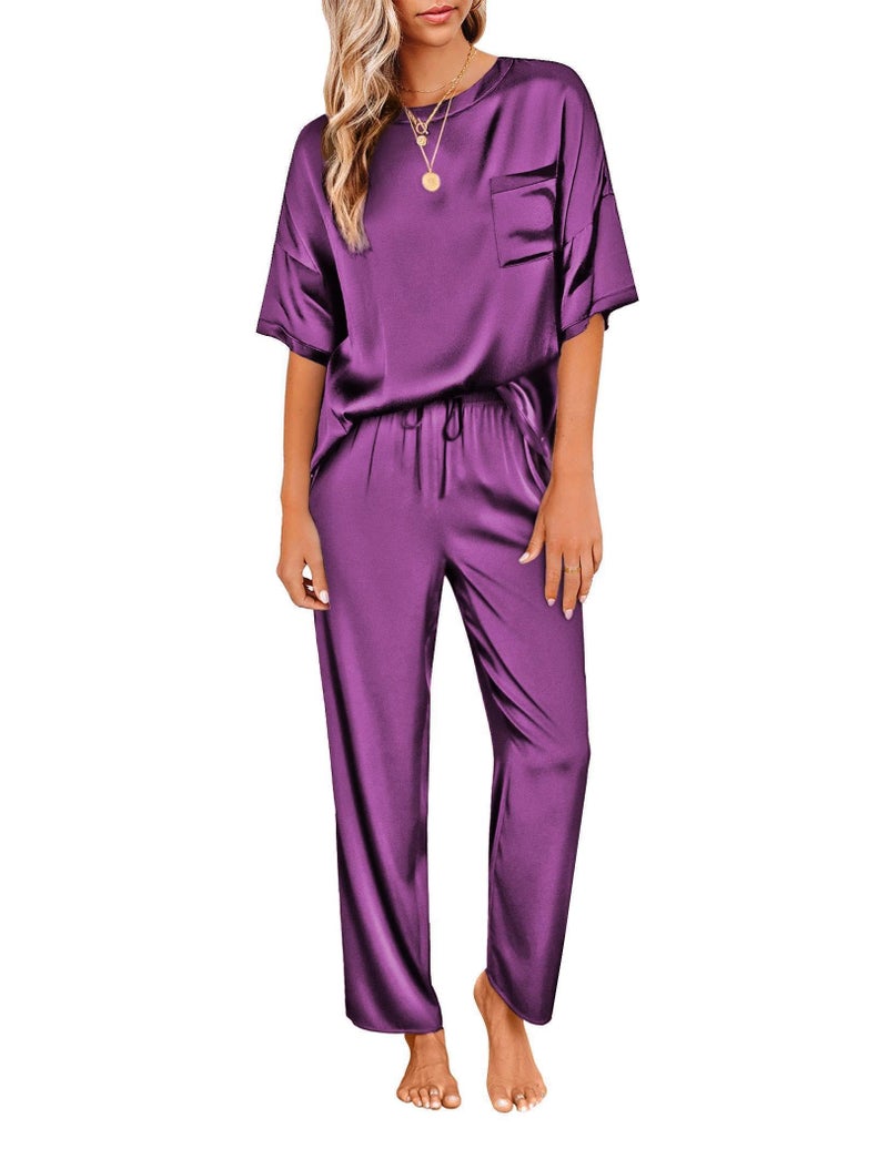 Ekouaer Womens Silk Satin Pajamas Set Two Piece Pj Sets Sleepwear Loungewear Short Sleeve Pj Sets Bright Purple - Image 1