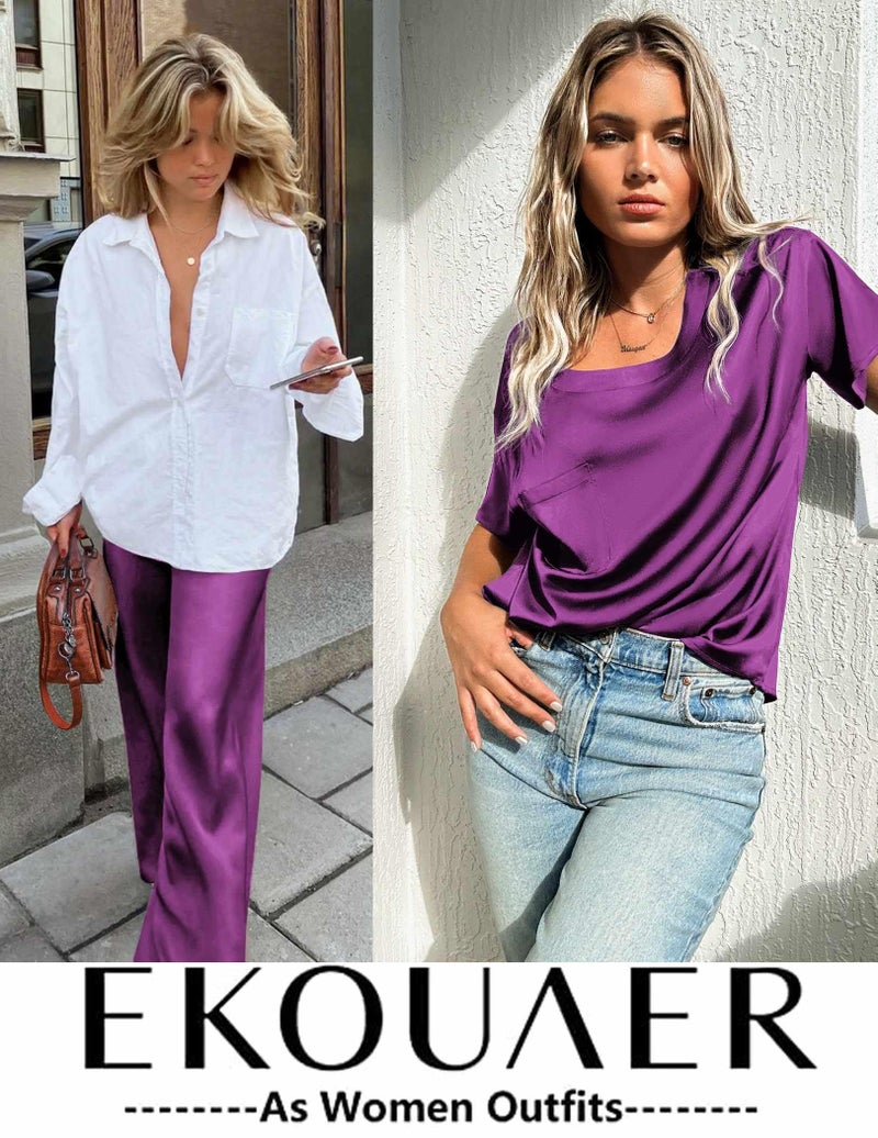 Ekouaer Womens Silk Satin Pajamas Set Two Piece Pj Sets Sleepwear Loungewear Short Sleeve Pj Sets Bright Purple - Image 5